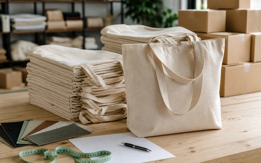 Toptan bez çanta sipariş sürecini gösteren numune, kumaş ve paketler