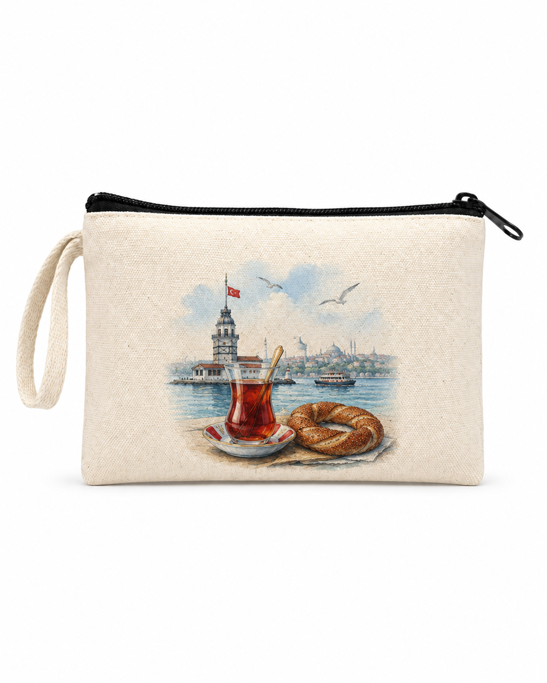 İstanbul kızkulesi, çay,simir Türkiye Temalı Fermuarlı Kanvas Portföy Çantası